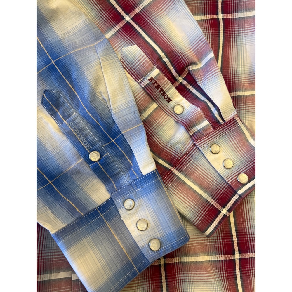 Stetson Mens Plaid‎ Western Shirt Long Sleeve Snap Button Up Cowboy Blue Red
